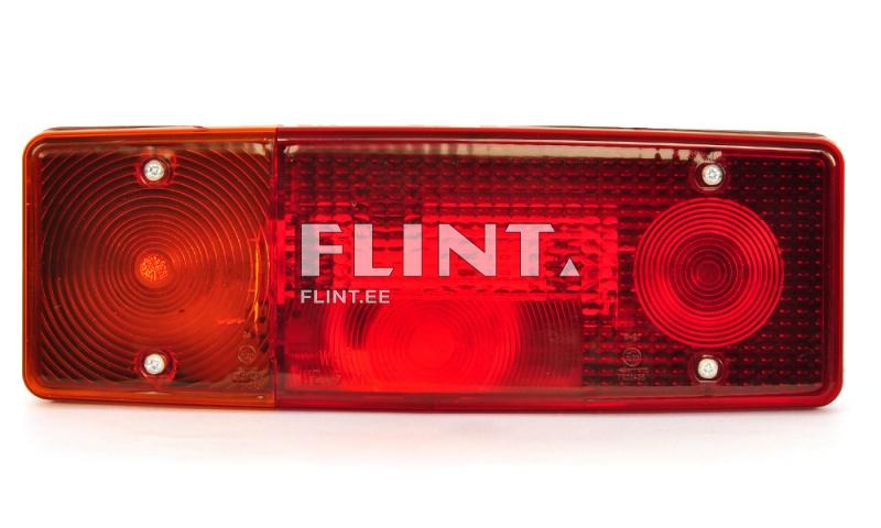 The product is a red and orange light featuring two main sections: on the left, there is a round orange part, and on the right, a predominantly red rectangular section. Each side has three mounting screws.