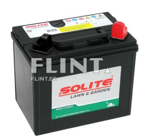 A black plastic battery with a red and black handle. The front features the SOLITE logo and the product name 'Lawn & Garden'. There are safety and manufacturing details on the back.