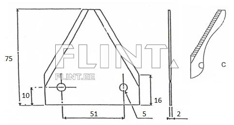 The illustration depicts a triangular tool with dimensions of 75 mm on the vertical side and 51 mm on the base. There are two holes located at the center of the tool, and a slanted edge is visible on the right side of the drawing.