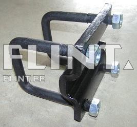 The product is a black metal component with a U-shaped structure and two threaded rods. The top part is wider and has two nuts.