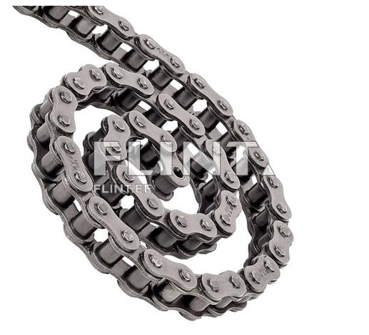 Hõbedane jalgrattaketti, mis on keeratud spiraalikujuliselt. Ketis on selgelt nähtavad kinnitused ja ühenduskohad.