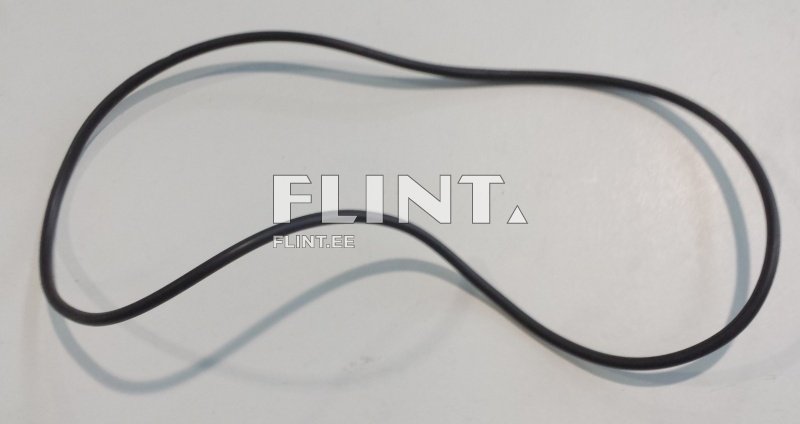 Must elastne kumm, millel on kaardus kuju ja lainelised servad. Sellel on ühtlane pind ja see on tõenäoliselt paindlik ja venitatav.