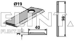 A flat piece with a circular hole measuring 19 mm in diameter. The material thickness is 3 mm, the width is 40 mm, and the total length is 98 mm.