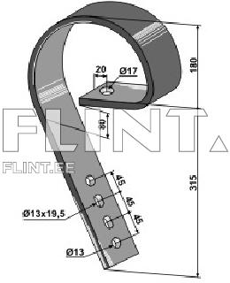 The product is a silver metal strap with applications and dimensions. One arm section is bent and takes on a rounded shape. A mounting plate and 4 holes for fastening are visible.