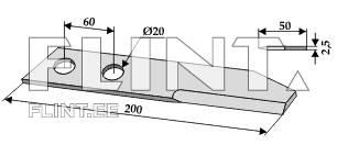 The product is a metal plate measuring 200 mm in length, 50 mm in width, and 2.5 mm in thickness. The top side features two circular holes with a diameter of 20 mm, spaced 60 mm apart. The bottom edge of the plate has a slight taper.