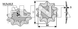 The product illustration shows a star-shaped component with dimensions of 10.5 x 10.5 cm, featuring a square hole in the center. It is 8 cm tall and has a diameter of 80 cm.