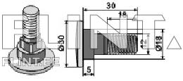 The image shows a bolt with a conical head and a round base. The head diameter is 30 mm, the base thickness is 5 mm, and the threaded part is 12 mm long with a diameter of 18 mm.