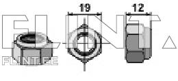 A hexagonal nut with dimensions of 19 mm and 12 mm, shown in three views: top, side, and cross-section.