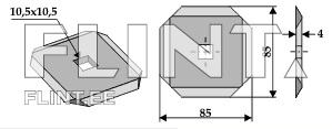 The product is an octagonal plate measuring 85 x 85 mm with a thickness of 4 mm. It features a square cutout in the center measuring 10.5 x 10.5 mm.