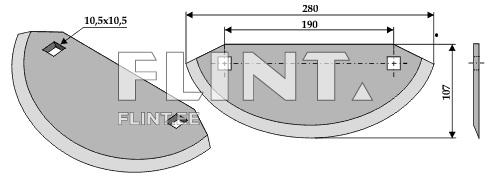 The product is a semicircular item with dimensions of 280 mm in width, 107 mm in height, and 190 mm in depth. There are holes in the corners for attachment.