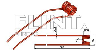 The product is a red metal rod with two coils at one end. The rod is straight with dimensions including a length of 600 mm and a diameter of 50 mm.