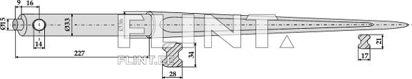 The image shows a sharp, elongated tool with a length of 227 mm. The tool features a pointed tip and a rounded opening at the rear, measuring 14 mm in diameter.