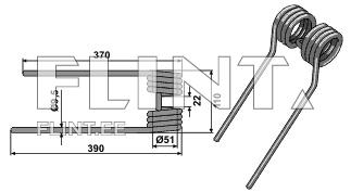 The product is a metal component featuring two threaded coils and straight rods. The coils are twisted together with a gap of 22 mm between them. The diameter of each coil is 51 mm, while the length of the rods is 370 mm and their width is 9.5 mm.
