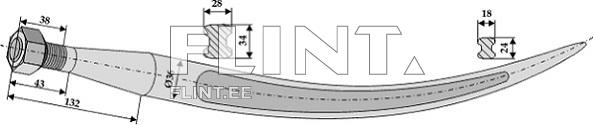 The product is a long, curved cutting tool made of steel, featuring a rounded tip and two different cross-section sizes indicated by measurements.