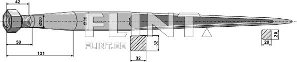 The product is a small metallic item featuring a hexagonal nut on one end and a pointed tip on the other. Its total length is 131 mm, width is 42 mm, and thickness is 32 mm. The design includes clear measurement lines and different sections indicating dimensions.