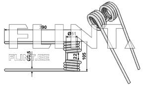 The image shows two parallel tubes featuring a cluster of two wide threaded rings. The tubes are 390 mm long and 9.5 mm in diameter. The threaded system is located at the ends of the tubes, with a diameter of 51 mm.