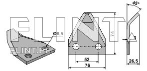 Toote joonistus, mis näitab kolmnurkset metallist detaile, millel on kaks sektsiooniga auku ja mõõtmed. Ülemine osa on terav, nurga all 45°. Auku läbimõõt on 6.5 mm ja mõõdud ulatuvad 76 mm laiuse ja 74 mm kõrguseni.