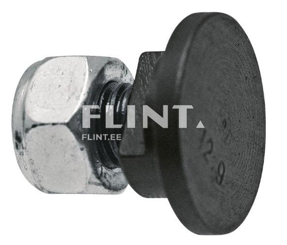 The product features a metal bolt with a shiny silver hexagonal nut and a black circular plate. The nut has a polished finish, while the plate is flat and black in color.