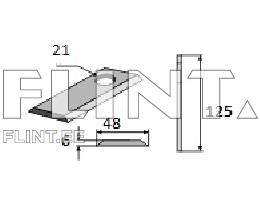 The product is a sheet metal plate with a round hole and a sharp edge. The dimensions of the plate are 125 mm x 48 mm and a thickness of 6 mm.