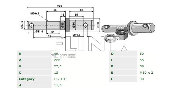 Pin (Cat.2/3; 36,5xM30x2; lenght 225mm)