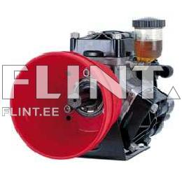 The image shows a black and red engine. The front has a round red plate with a central opening and various mechanical components. At the top, there is a brown fluid reservoir with a cap.