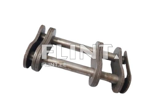 The product is a metal connector with two parallel cavities held together by two metal rods. It is sturdy and suitable for robust linking applications.