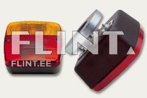 The product is shown from two angles: one displays a square light with red and yellow sections, while the other shows a metal mounting base. The light section is thick and has a black body.