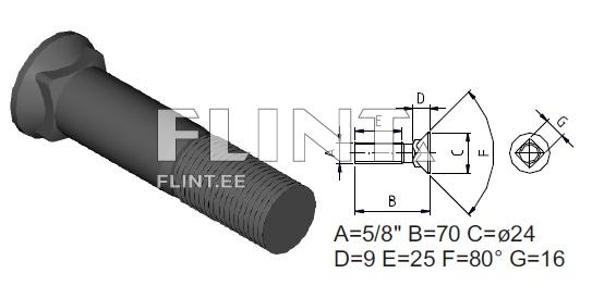 Plough bolt 5/8 UNFx70 8,8 (w/square neck, head 24mm)