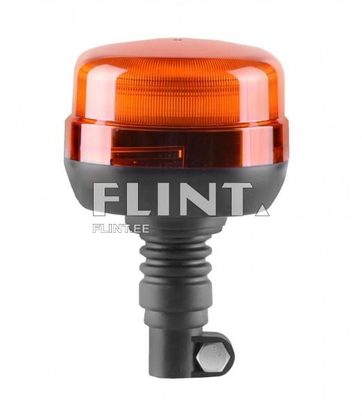 The product is an orange LED light featuring a round, glossy top section. The bottom is made of black plastic and includes mounting elements.