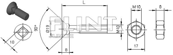 Plough bolt+nut M10x30 (w/square neck, head 19mm)