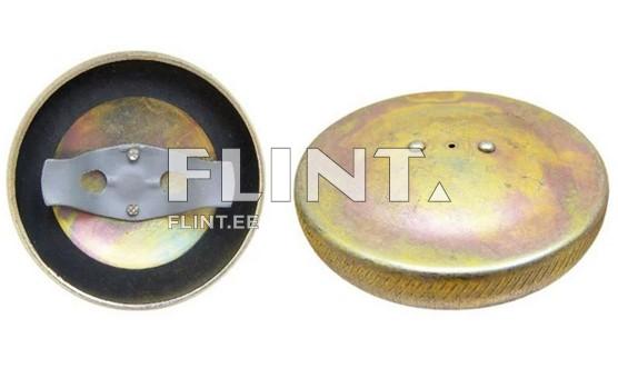 The product is round with a gold and metallic finish. The back features a fastening component with a gray strap that has two small silver stones.