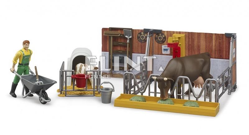 Cow and calf barn with farmer Bruder