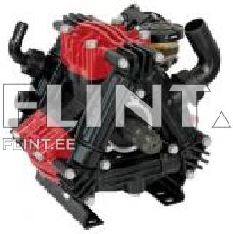 The product is a compact engine assembly with red and black components. It features several hoses and valves located on the upper and side sections.