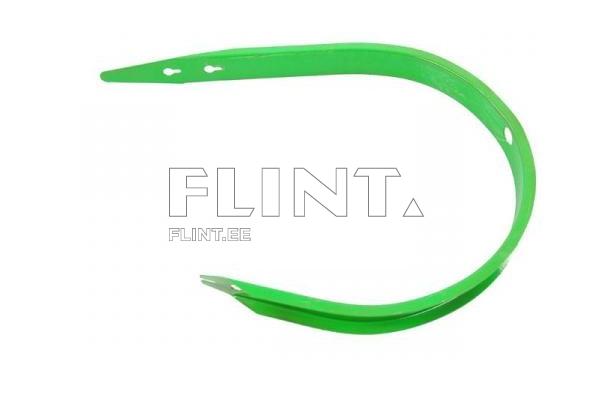 The product is green, flexible, and curved at the center. It has two edges with holes for fastening.