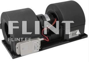 The product image shows a black plastic fan featuring two conical ducts. It has a visible motor and wiring, along with a control unit located on the base.