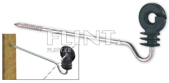 A metal hook with a plastic clamp. It is mounted on a wooden surface and allows for the attachment of a string or wire.
