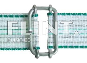 Valge kangas, millel on rohelised triibud, ja roostevabast terasest klamber keskel.