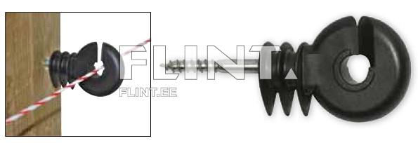 The product is made of black plastic with a round shape and a central hole. It features a screw section for attachment to wood. One side has grooves for securing a cord.