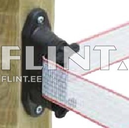 Pildil on must plastist kinniti, millele on kinnitatud valge ja punane triibuline riba. Kinniti on puust postiga, kus riba on tugevalt kinnitatud.