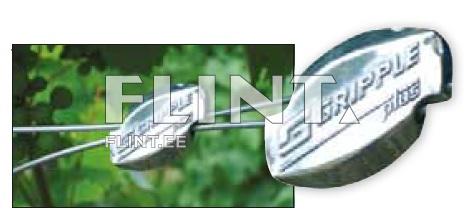 A metallic clamp featuring the brand name 'Gripple.' The clamp is positioned between two wires against a green background.