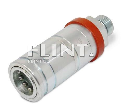 A silver metallic connector with a red rubber sealing ring near one end.
