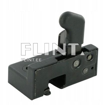 Industrial black metal latch featuring a lever handle and two circular openings.