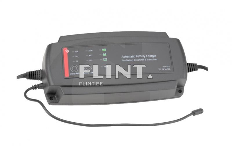 An automatic battery charger featuring a screen that displays charge rate and battery type. The charger has one connection cable and is primarily black in color.
