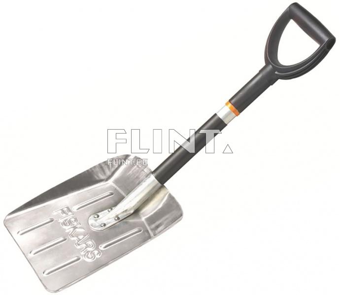 The product is a metal shovel with a black handle and a solid blade. The edges of the shovel are rounded, and it features holes to facilitate the removal of soil.