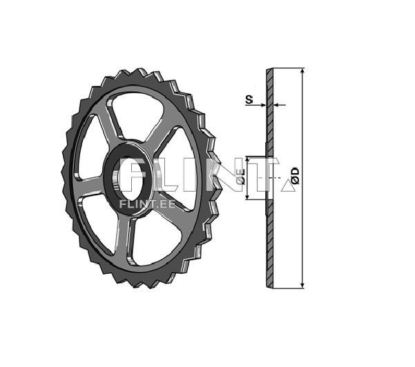 The product is a sprocket featuring six spokes. The center has a round hole for attachment. Also displayed are the size measurements, including ØE and ØD.