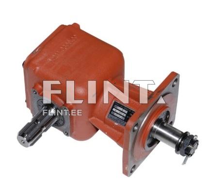 The product is an orange-colored reducer with two different shafts. The surface texture is rough and rust-resistant. There are labels and markings located on one side.