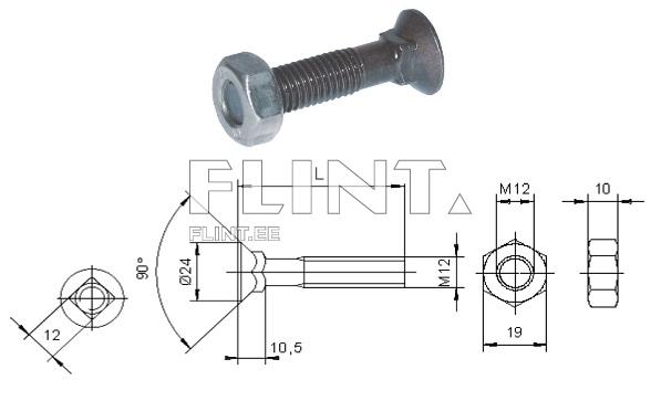 Bolt+nut M12x60 12,9 DIN608 (w/square neck)