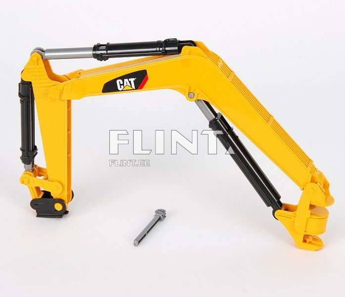 Kollane mini ekskavaator, millel on mustad hüdraulilised silindrid ja metallist teevahend, mis asub kõrval.