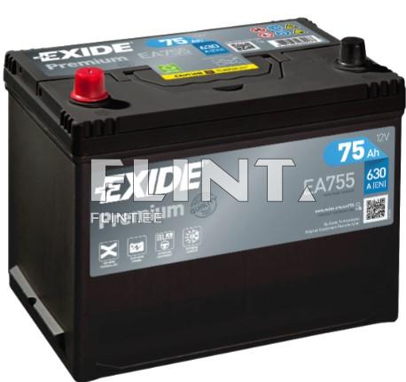 Black battery with a red and black cap. The product is labeled Exide Premium, model EA755, with a capacity of 75Ah and a voltage of 12V.