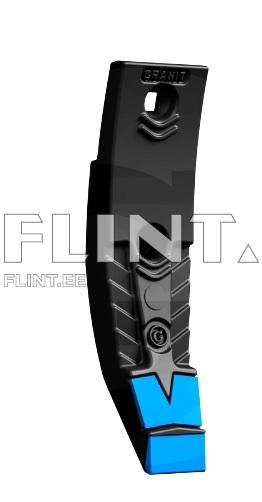 The product is a black plastic tool with a blue cutting edge. It features a slightly curved shape and has decorative lines running in different directions.